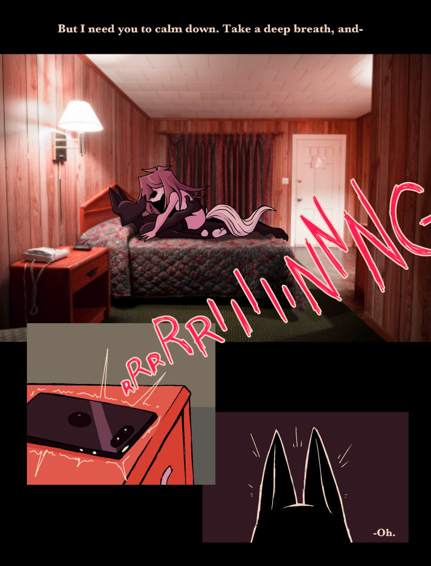 absurd_res anthro bed bedroom clothing comic dialogue duo female furniture hi_res holding_snout homeless homeless_dog legwear male male/female motel phone phone_call ponporio_(artist) stockings the_suit_(ponporio)