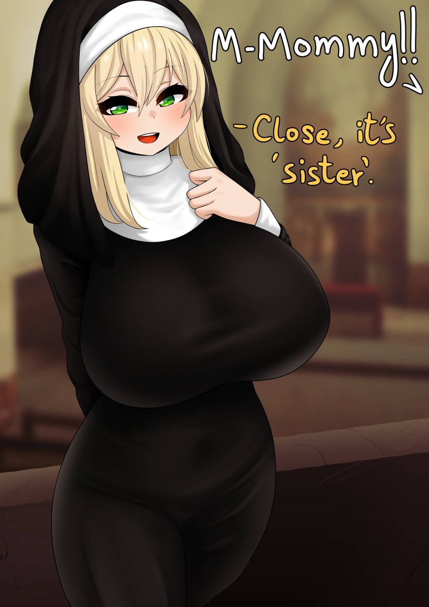 1girls blonde_hair breasts dialogue english_text female female_only green_eyes hips huge_breasts indoors light-skinned_female light_skin long_hair mommy naughty_face nun nun's_habit nun_(the_only_shoe) nun_outfit original original_character text the_only_shoe thick_thighs thighs wide_hips