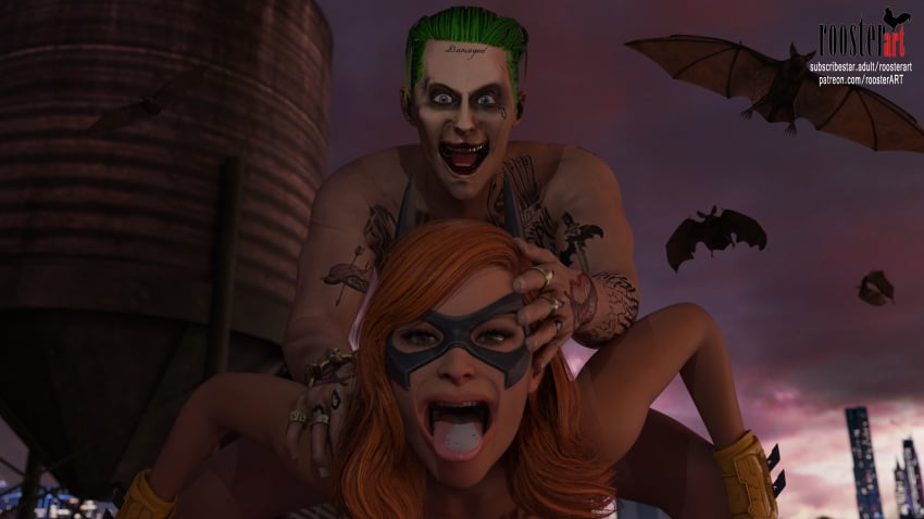 16:9 16:9_aspect_ratio 1boy 1boy1girl 1girls 3d 3d_(artwork) 4k arm_tattoo bat batgirl batgirl_(gotham_knights) batman_(series) bats chest_tattoo cum_in_mouth cum_on_tongue dc dc_comics face_mask face_tatoo female female_penetrated gotham_knights green_hair hand_on_head hand_tattoo joker long_hair male male_penetrating male_penetrating_female mask open_eyes open_mouth outdoors patreon patreon_username rooftop roosterart sex skyscraper smile subscribestar subscribestar_username superheroine tattoos teeth the_joker tongue tongue_out video_game video_game_character video_game_franchise villain