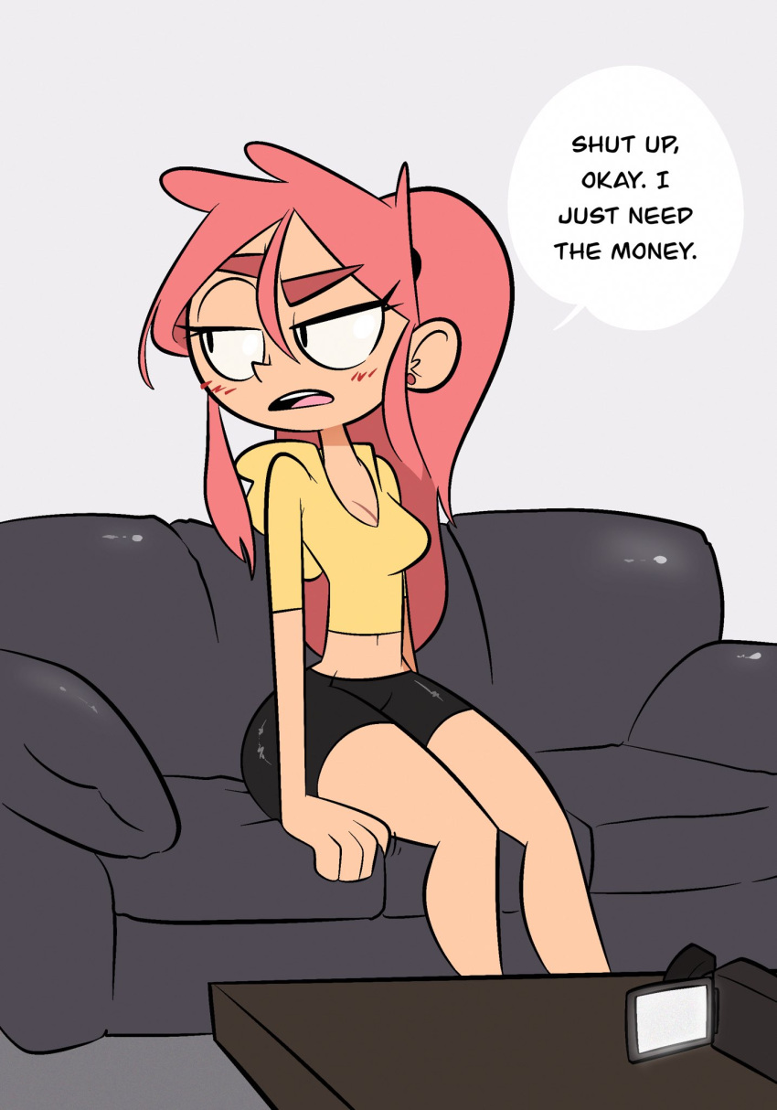 1girls camcorder casting_couch clothed couch english_text female female_only joshin looking_away original pink_hair skimpy_clothes solo speech_bubble teenage_girl text tulip_(joshin)