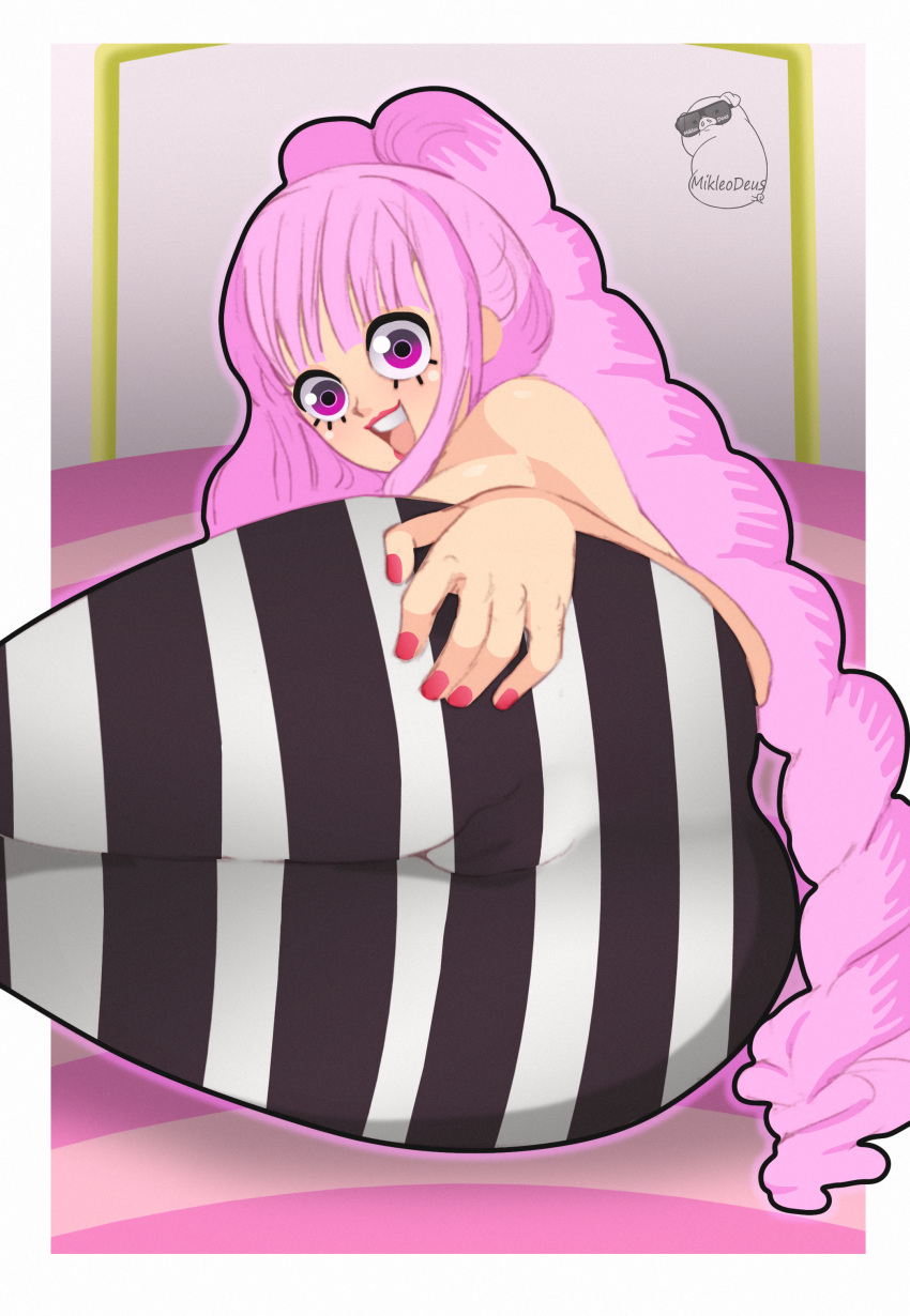 ass ass_focus ass_grab cameltoe color edu_pompom female female_only grabbing heavenly_ass huge_ass mikleodeus one_piece pantyhose perona pink_hair purple_eyes socks striped_legwear waiting