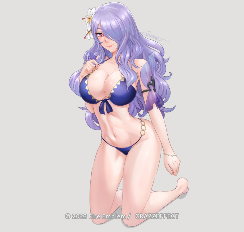 1girls alternate_costume bare_legs bare_shoulders barefoot bikini blue_bikini blue_swimsuit breasts camilla_(fire_emblem) camilla_(summer)_(fire_emblem) cleavage commentary crazzeffect female female_only fire_emblem fire_emblem_fates fire_emblem_heroes flower grey_background hair_flower hair_ornament hair_over_one_eye highres kneeling large_breasts legs long_hair looking_at_viewer navel nintendo official_alternate_costume pink_eyes purple_hair simple_background solo stomach swimsuit thighs very_long_hair white_flower