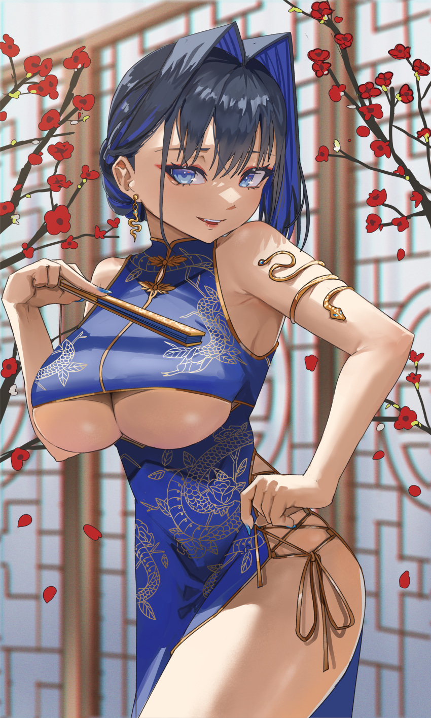 1girls 2023 absurdres alternate_costume archinoer armlet black_hair blue_dress blue_eyes blue_hair blue_nails breasts china_dress chinese_clothes colored_inner_hair dress earrings female flower folding_fan gold_earrings hair_intakes hand_fan hand_up highres holding holding_fan hololive hololive_english hololive_english_-council- hololive_english_-promise- jewelry large_breasts multicolored_hair oerba_yun_fang ouro_kronii parted_lips plum_blossoms qipao qipao_dress short_hair side_slit smile snake_earrings solo standing teeth two-tone_hair underboob upper_teeth_only virtual_youtuber