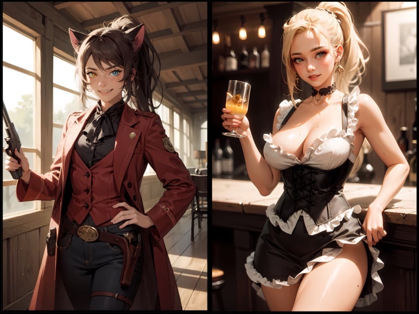 2girls adora ai_generated bar black_choker black_corset black_dress blonde_female blonde_hair blue_eyes blush breasts brown_hair cat_ears catgirl catra choker cleavage clothing corset dress drink drink_in_hand earrings female female_only fully_clothed glass grey_eyes gun hand_on_hip heterochromia large_breasts leaning_back leaning_on_bar leaning_on_elbow light-skinned_female light_skin lipstick long_hair maid maid_dress maid_outfit maid_uniform makeup nail_polish old_west pants pink_nail_polish pink_nails pixai ponytail red_lips red_lipstick saloon_girl she-ra_and_the_princesses_of_power sheriff skirt slutty_clothing slutty_outfit suit thick_thighs whore yellow_eyes