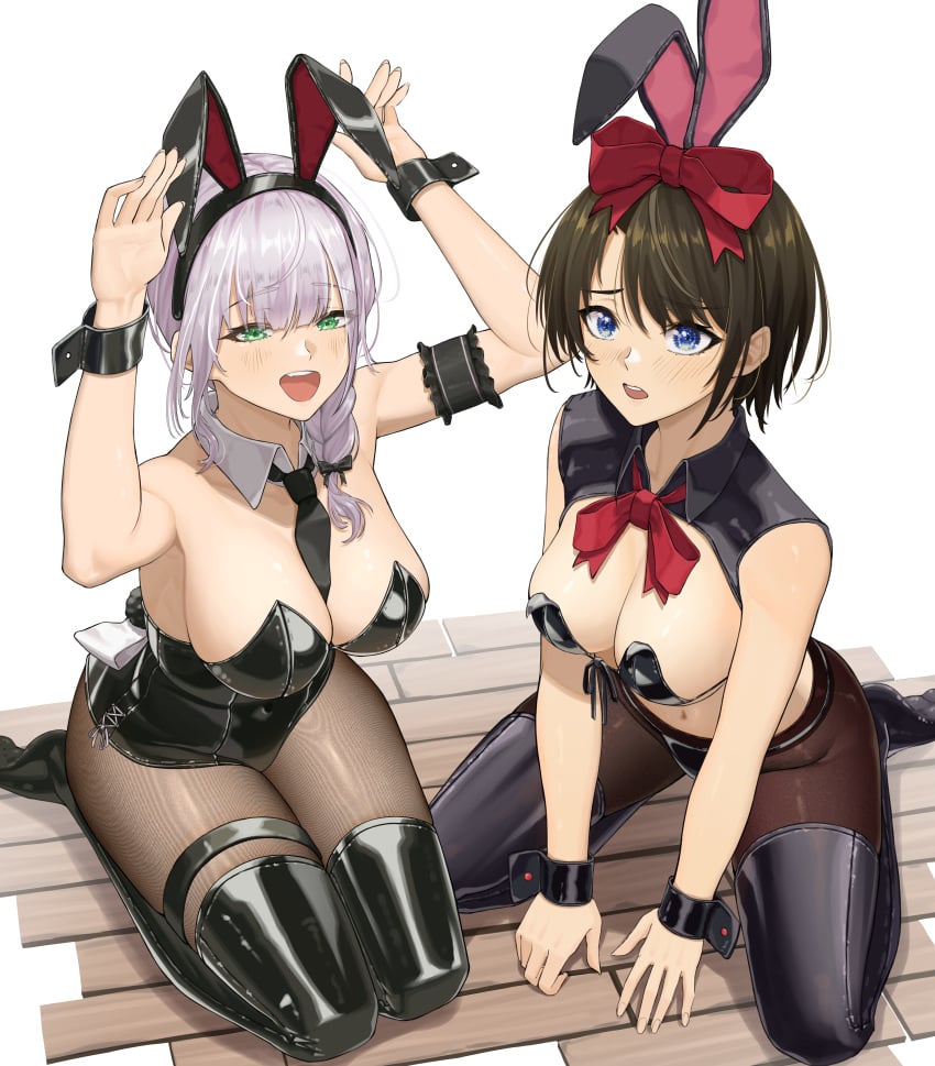 2023 2girls :d absurdres animal_ears arm_garter bangom_r big_breasts black_leotard black_necktie black_thighhighs blue_eyes boots bow bowtie breasts brown_hair bunny_ears cleavage fake_animal_ears female full_body green_eyes highres hololive hololive_fantasy hololive_gen_2 hololive_japan kneeling large_breasts leotard looking_at_viewer medium_breasts multiple_girls navel necktie oozora_subaru pantyhose playboy_bunny rabbit_ears red_bow red_bowtie red_ribbon ribbon seiza shirogane_noel sitting smile strapless strapless_leotard thighhighs virtual_youtuber white_hair wrist_cuffs