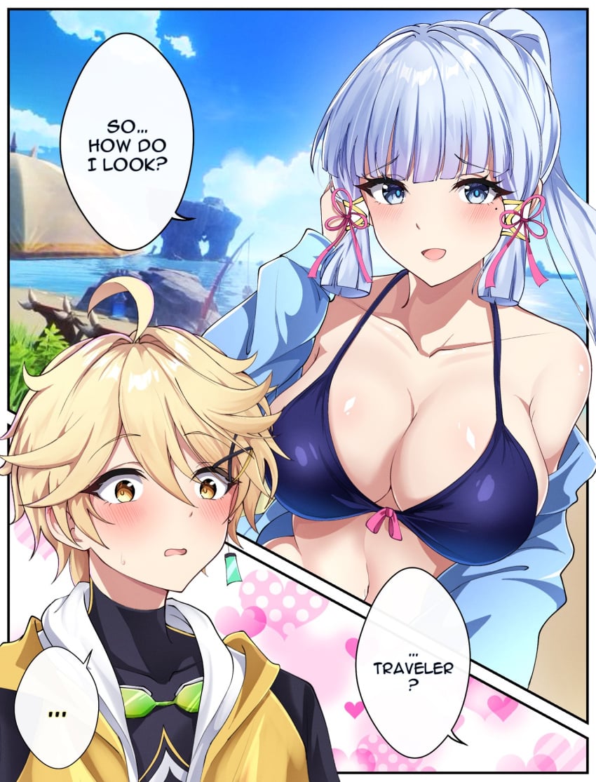 1boy 1girls aether_(genshin_impact) alternate_breast_size alternate_costume beach before_sex big_breasts blonde_hair blue_eyes blue_hair cleavage color dialogue drawing english_text female genshin_impact horny hoyoverse kamisato_ayaka light_skin midori_13579 mihoyo text thick_thighs