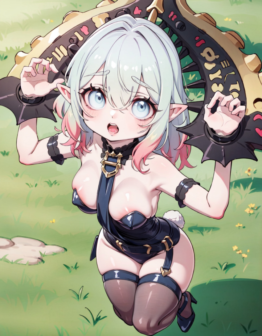 ai_generated armwear blood_golem briar_(league_of_legends) bunnysuit cute elf_ears female garter_straps grass high_heels league_of_legends petite pillory pink_highlights small_breasts thick_thighs thighhighs vampire wardens white_eyes white_hair