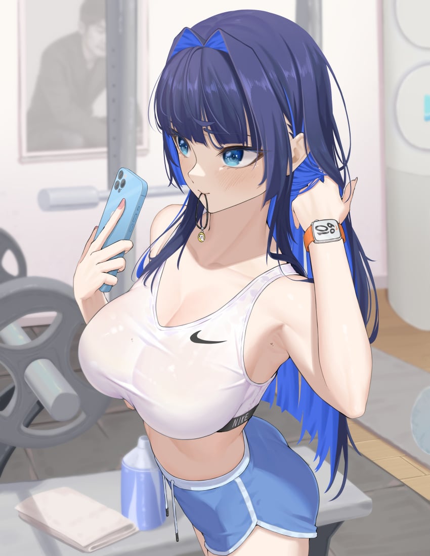 1girls 2020s 2023 absurdres ass bangom_r blue_hair bottle breasts cellphone dolphin_shorts female female_only gym hair_intakes hair_tie_in_mouth highres hololive hololive_english hololive_english_-council- hololive_english_-promise- large_breasts long_hair mouth_hold nike ouro_kronii phone poster short_shorts shorts smartphone solo solo_female sports_bra two_tone_bottomwear two_tone_bottomwear_(blueandwhite) very_long_hair virtual_youtuber watch white_sports_bra wristwatch