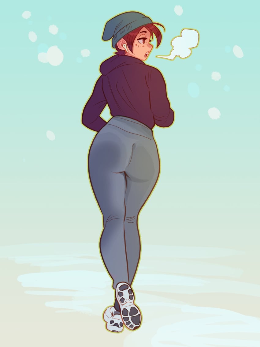 1girls airpods ass aubrey_(sea_legs) beanie breath_fog brown_eyes brown_hair clothed clothing cold female female_only freckles from_behind fully_clothed hoodie jogging leggings legs_together ndasfw open_mouth sea_legs shoes short_hair skin_tight sneakers solo solo_female wide_hips