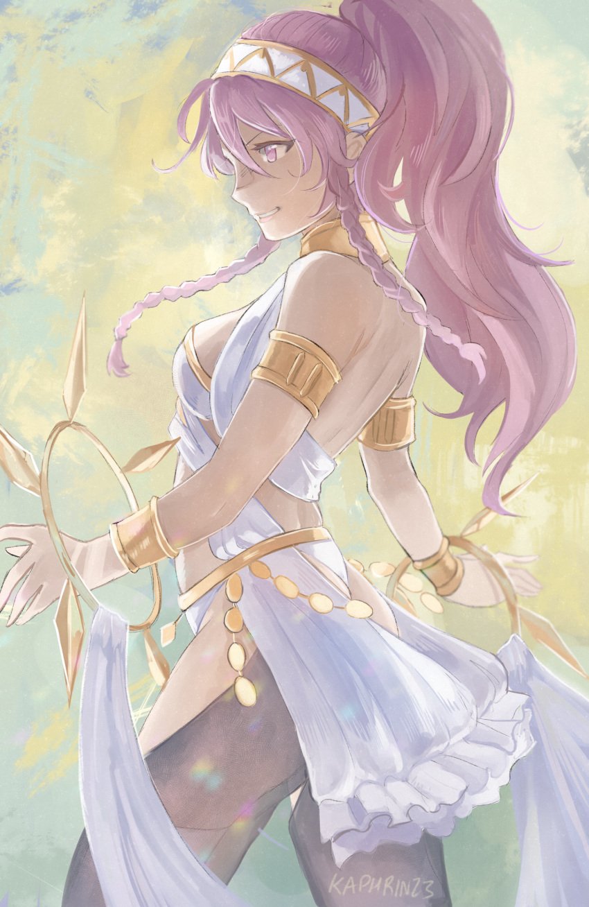 1girl 1girls 2d 2d_(artwork) 2d_artwork absurdres armlet ass back backless_outfit bare_back big_ass bracelet braid breasts clothed commentary_request cowboy_shot female female_focus female_only fire_emblem fire_emblem_awakening hairband highres jewelry kaphrin long_hair nintendo olivia_(fire_emblem) panties pink_eyes pink_hair ponytail small_breasts solo solo_female solo_focus standing twin_braids underwear white_hairband white_panties