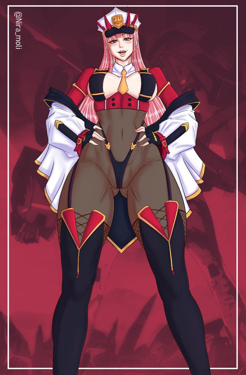 1girls alternate_costume alternate_version_available ass_visible_through_thighs big_breasts black_thong blush breasts cameltoe cleavage clothing coat darling_in_the_franxx female female_only garter_straps hair hands_on_hips hat headwear hips horns huge_breasts legs legwear lips long_hair looking_at_viewer niramoli pink_hair skimpy skimpy_clothes solo solo_female thick_thighs thighs thong zero_two_(darling_in_the_franxx)