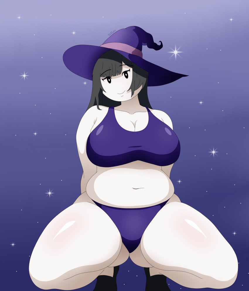 1girls 2d 2d_(artwork) alternate_version_available ass big_belly big_breasts black_hair bra breasts butt_fang chubby_female first_porn_of_character henry_stickmin_(game) long_hair mob_face nobytes_(artist) panties solo solo_female the_witch_(henry_stickmin) thick_thighs witch witch_hat