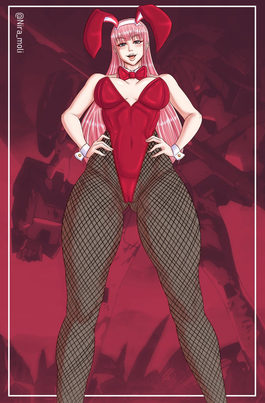 1girls alternate_costume alternate_version_available ass_visible_through_thighs big_breasts blush breasts bunny_ears bunnysuit cameltoe clothing darling_in_the_franxx fake_animal_ears female female_only fishnet fishnet_legwear fishnets hair hands_on_hips hips horns huge_breasts legs legwear lips long_hair looking_at_viewer niramoli pink_hair red_bunnysuit solo solo_female thick_thighs thighs zero_two_(darling_in_the_franxx)