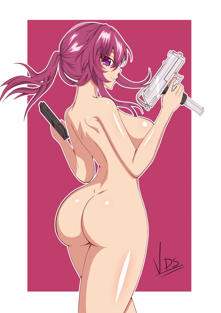 1girls ass big_ass big_breasts bottomless breasts female female_only gun hair holding_gun honkai:_star_rail huge_ass huge_breasts kafka_(honkai:_star_rail) looking_back naked naked_female nude nude_female ponytail purple_eyes purple_hair solo solo_female thighs topless vdrawstuff weapon