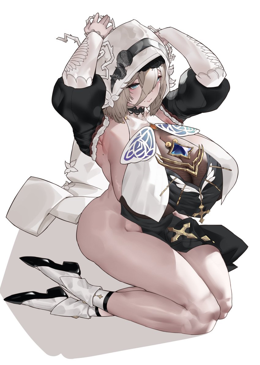 1girls aponia armpits arms_up blonde_hair blue_eyes blush breasts female hair_between_eyes honkai_(series) honkai_impact_3rd huge_breasts izm kneeling nun pelvic_curtain shoes socks solo thick_thighs thighs white_background