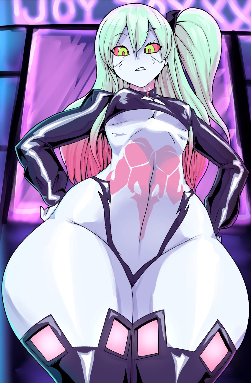 1girls alternate_hairstyle bottom_heavy breasts clothing cyberpunk:_edgerunners dialogue female female_only front_view green_hair hands_on_hips looking_at_viewer rebecca_(edgerunners) shortstack small_breasts solo thecon thick_thighs thighhighs thunder_thighs underboob wide_hips