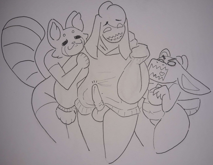 absurd_res ailurid crowedawynaut exposed female generation_3_pokemon genitals group hi_res kobold male mammal monochrome nintendo penis pokemon pokemon_(species) questionable_consent red_panda rendakobold traditional_media_(artwork) trio wynaut