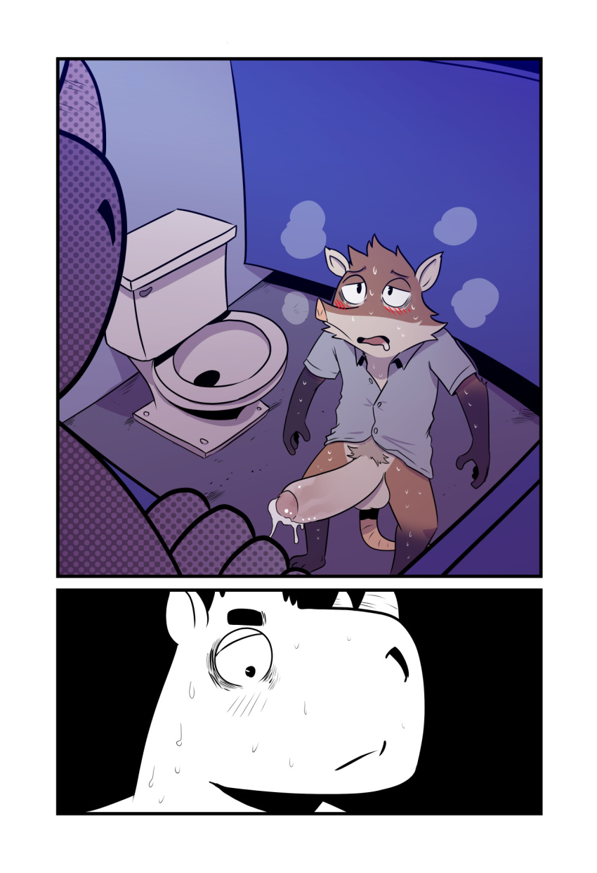 anthro big_penis blush bodily_fluids bottomless clothed clothing comic cum drooling duo earl_(t0l0k) eulipotyphlan genital_fluids genitals hi_res izzy_(t0l0k) male mammal penis rhinoceros saliva sengi shrew sweat t0l0k