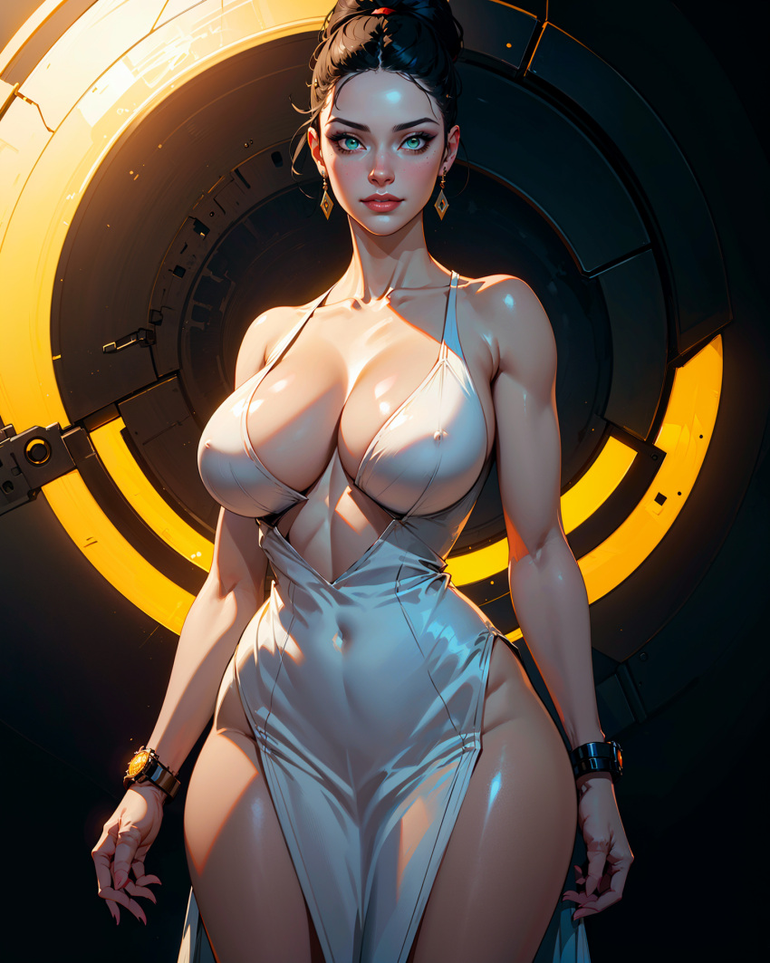 ai_generated big_breasts busty capcom cleavage dark_hair dress earrings excella_gionne expensive fr34ky hair_bun huge_breasts huge_cleavage necklace resident_evil resident_evil_5 thick thick_thighs top_heavy wide_hips