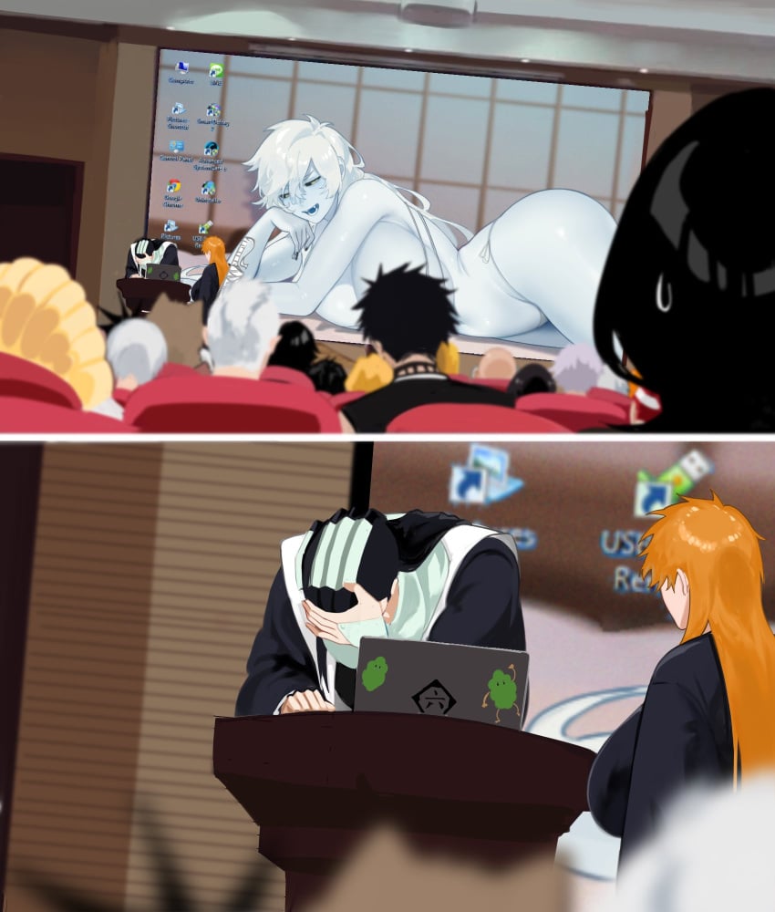 1girls accident bad_tag black_hair bleach bleach:_the_thousand-year_blood_war blonde_hair breasts byakuya_kuchiki computer facepalm from_behind genderswap_(mtf) highres hisagi_shuuhei hollow_(species) hollow_ichigo huge_breasts ichigo_kurosaki indoors k4onozeda04 kotetsu_isane kuchiki_rukia laptop long_hair madarame_ikkaku meme muguruma_kensei open_mouth orange_hair presentation_gone_wrong_(meme) rule_63 sajin_komamura short_hair very_long_hair white_hair zangetsu zanpakutou_spirit zaraki_kenpachi