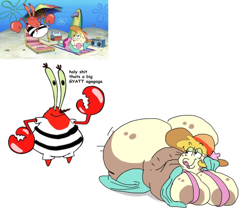 1boy 1girls beach beach_hat big_breasts bikini blonde_hair bra breasts choucreamdream chubby chubby_female crab crustacean english_text eyelashes eyeshadow fin fish flower green_eyeshadow half-closed_eyes hat huge_ass huge_breasts lipstick looking_at_another lying lying_on_stomach mr_krabs mrs._puff nickelodeon obese pink_bra pufferfish raised_eyebrows screenshot simple_background smile smiling spongebob_squarepants thick thick_ass thick_thighs thighs white_background