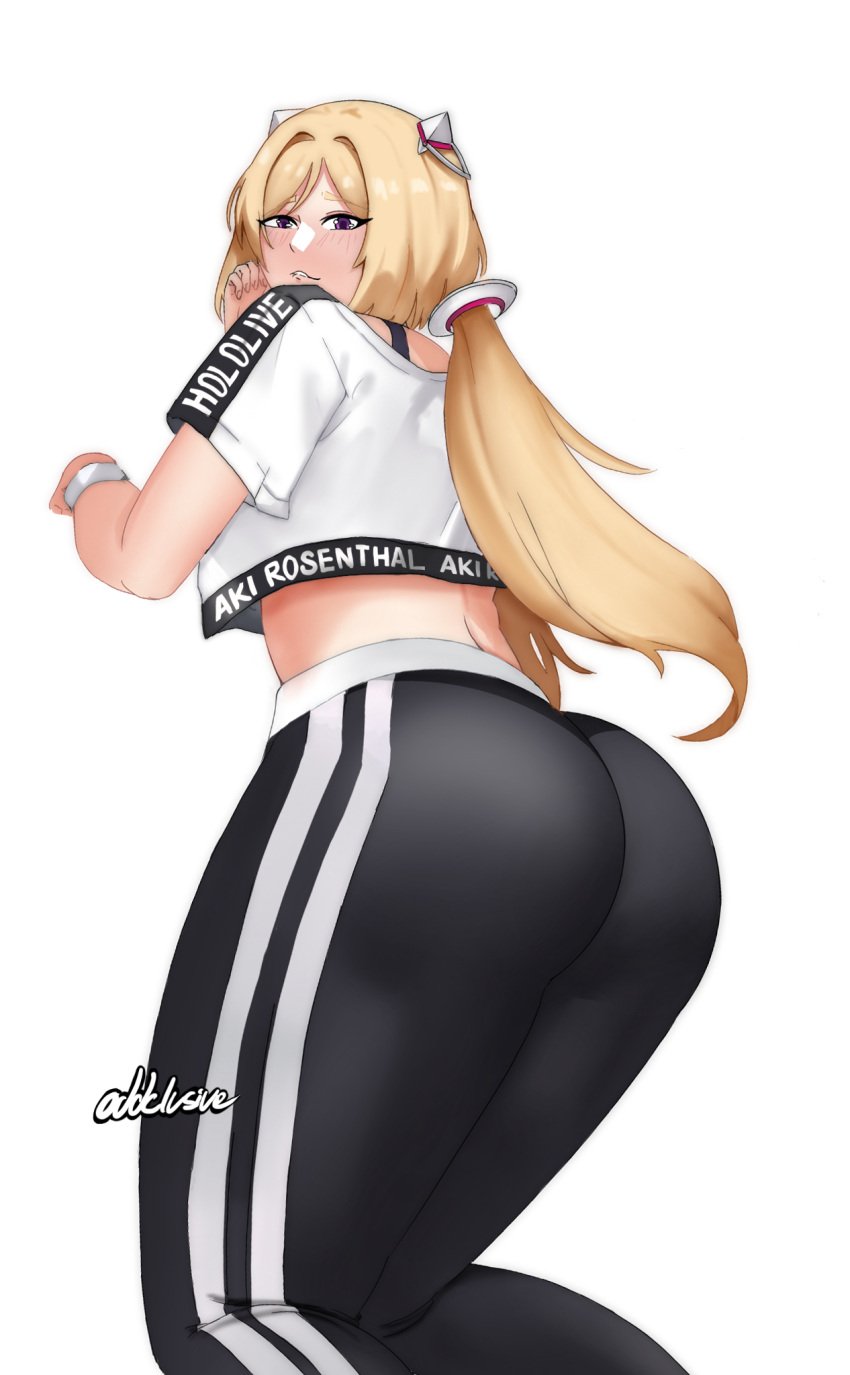 1girls 2023 aki_rosenthal ass big_ass black_leggings black_pants black_yoga_pants blonde_hair female hololive hololive_gen_1 hololive_japan leggings looking_at_viewer looking_back midriff oddsessive pants ponytail purple_eyes simple_background solo thick_thighs thighs tied_hair tight_clothes tight_clothing tight_fit tight_leggings tight_pants top topwear virtual_youtuber white_background white_top white_topwear workingonit yoga_pants