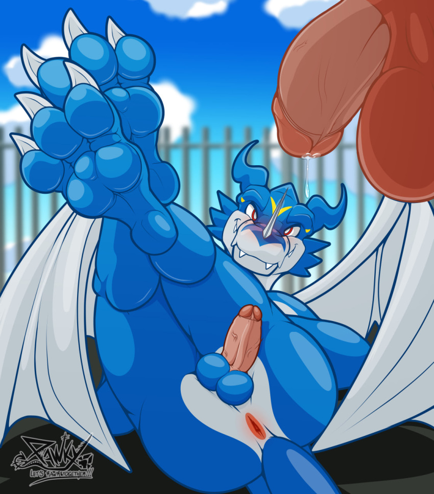 2boys 2d 2d_(artwork) 2d_artwork 3_toes anthro anthro_only anus artist_logo ass balls bandai_namco blue_balls blue_sky blurred_background blurry blurry_background blush blushed bodily_fluids butt butthole claws cloud clouds cloudy_sky cock dick digimon digimon_(species) digital_art digital_drawing digital_drawing_(artwork) digital_media digital_media_(artwork) digital_painting_(artwork) erect_penis erection exveemon feet feet_up flush flushed foreskin genital_fluids genitals glans guilmon hi_res high_resolution highres humanoid humanoid_genitalia humanoid_penis legs legs_up male male_only pawpads paws pawzzhky penis precum presenting raised_paw red_eyes sky smile smiling tail teeth teeth_visible testicles vein veins veins_on_dick veiny_penis wings