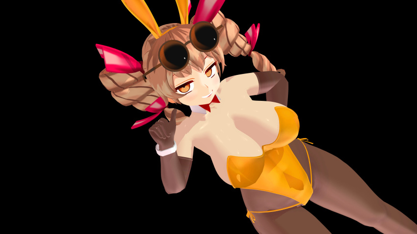 3d blonde_hair bowtie bowtie_collar bunny_ears bunnysuit gloves hair_ornament jo'on_yorigami orange_eyes pointing_at_self smug solo stockings sunglasses sunglasses_on_head touhou vovun