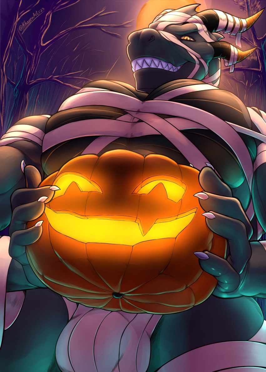 1boy 2023 anthro barazoku big_bulge bulge costume dragon gay halloween halloween_costume holidays huge_bulge jack-o'-lantern jack_o'_lantern khayen looking_at_viewer male male_focus male_only mammal manly muscular_anthro pumpkin solo solo_male western_dragon