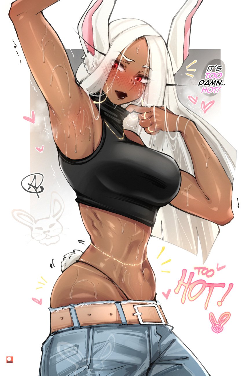 1girls almualim armpit armpit_fetish breasts crop_top dark-skinned_female dark_skin female long_hair midriff miruko my_hero_academia naughty_face navel one_arm_up presenting_armpit rabbit_ears red_eyes rumi_usagiyama steaming_body sweat sweaty sweaty_armpit sweaty_body white_hair