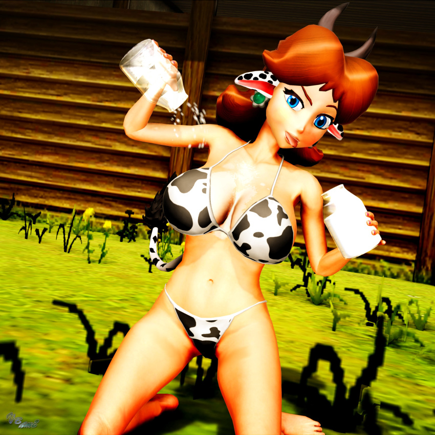 1girls 3d 3d_(artwork) animal_print big_breasts bikini blue_eyes breasts brown_hair busty cleavage cow_horns cow_print feet female female_only highres horns kneeling large_breasts legs looking_at_viewer mario_(series) milk naughty_face navel nintendo pouring pouring_onto_self princess princess_daisy sexually_suggestive short_hair smile swimsuit teasing thighs tongue tongue_out virtualblueam2 voluptuous