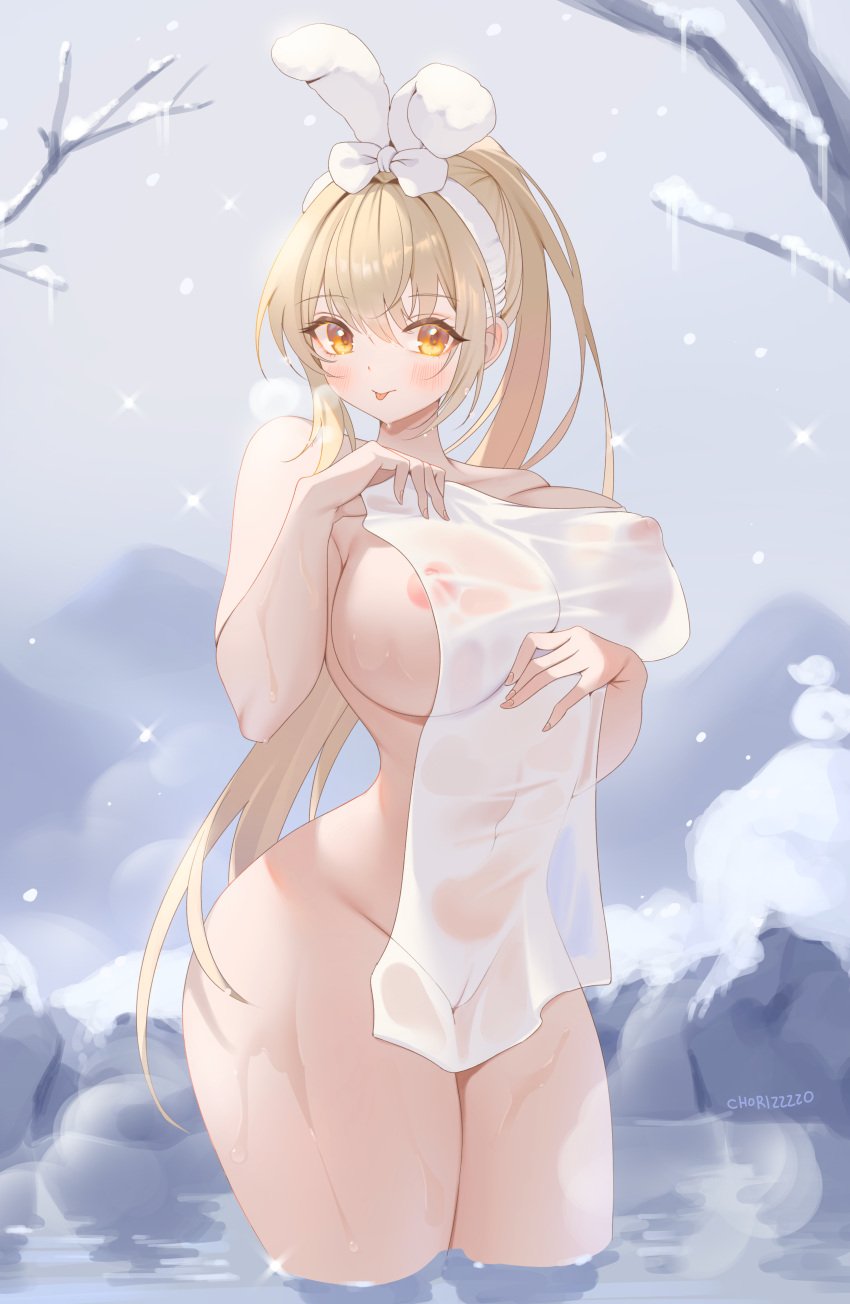 absurdres animal_ears blonde_hair blush breasts covering_breasts fake_animal_ears female highres large_breasts looking_at_viewer naked_towel navel nipples nipples_visible_through_clothing onsen original partially_submerged ponytail pussy rabbit_ears see-through snow solo steam tongue tongue_out towel water yellow_eyes zzo_(chorizzzzo)