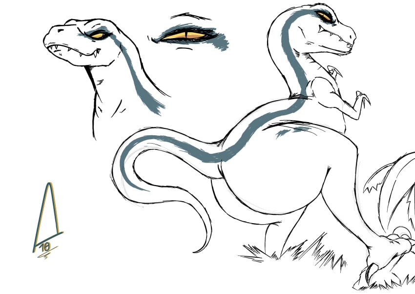 big_ass big_butt blue_(jurassic_world) dinosaur dudenameda10 evil_smile fat_ass furry jungle jurassic_park jurassic_world looking_at_viewer looking_back looking_back_at_viewer orange_eyes reptile sketch smile tail velociraptor yellow_eyes