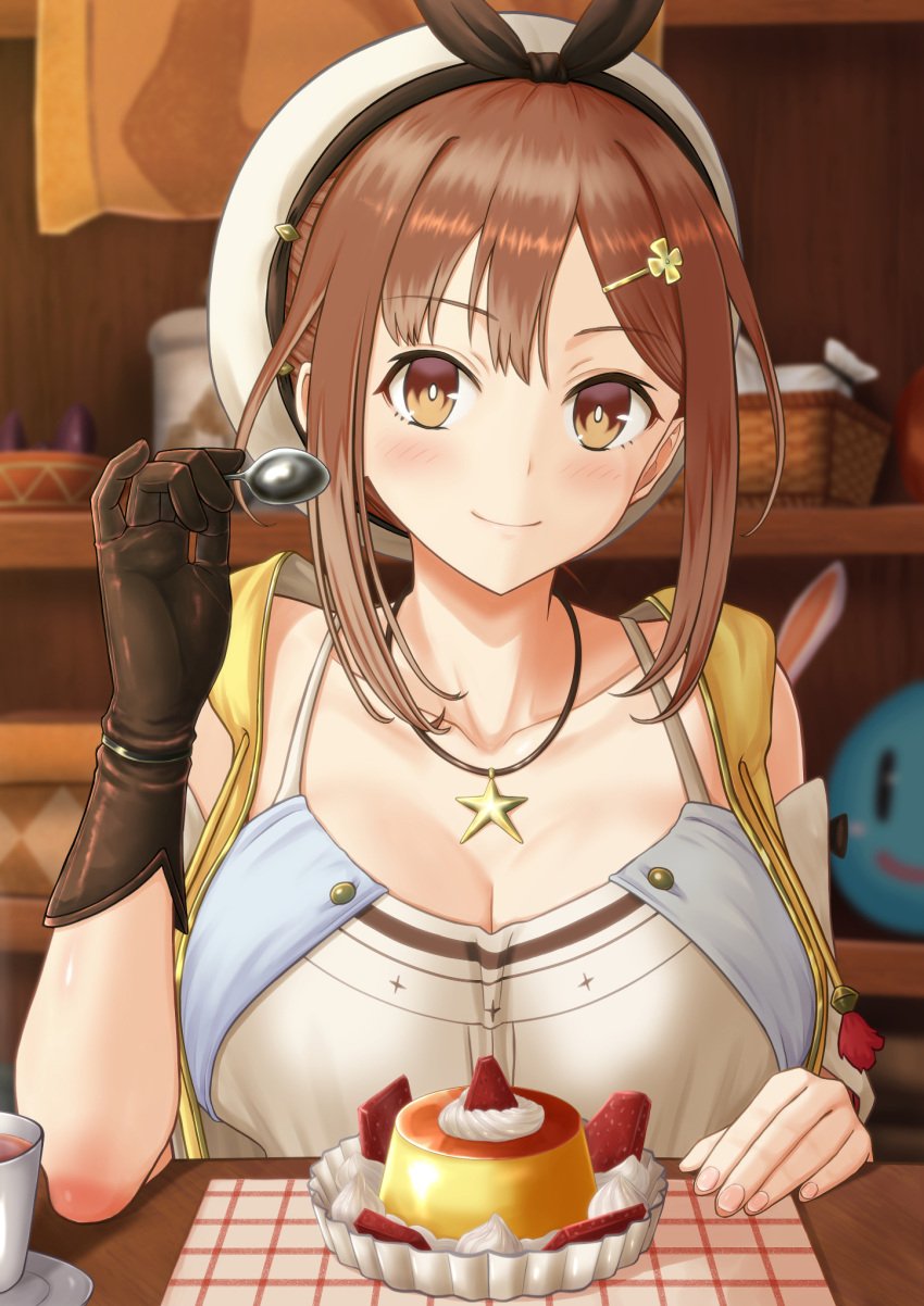 atelier atelier_ryza big_breasts brown_hair busty cleavage clothing happy huge_breasts large_breasts reisalin_stout smile spoon teenager thick_thighs thighs wide_hips