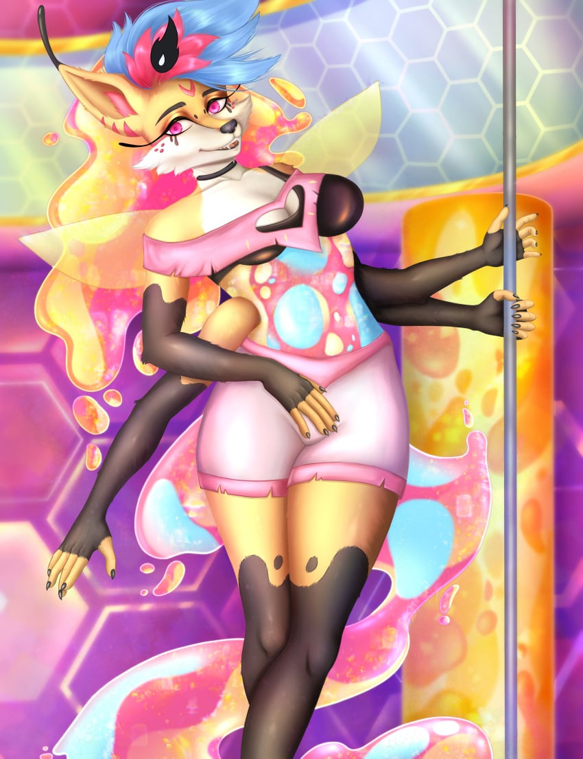 2023 4_arms 5_fingers absurd_res anthro bottomwear breasts canid canid_demon canine clothing colorful demon digital_drawing_(artwork) digital_media_(artwork) dymkapics eyebrows eyelashes female fingers fur hair helluva_boss hi_res hybrid looking_at_viewer mammal multi_arm multi_limb multicolored_body multicolored_fur multicolored_hair queen_bee-lzebub_(helluva_boss) shorts solo sparkledog