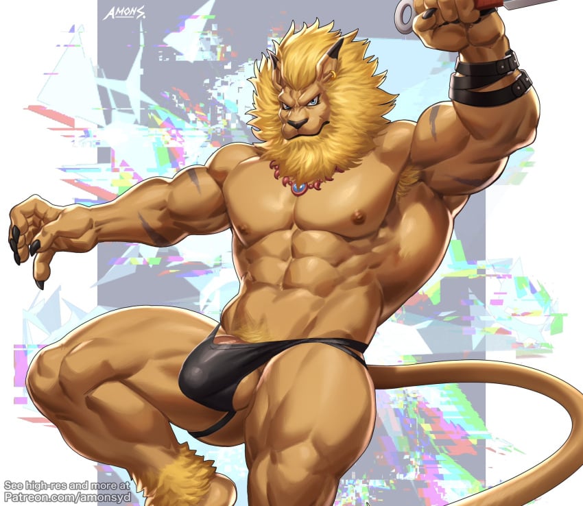 abs amon-sydonai anthro armpit_hair balls bandai_namco body_hair bulge claws clothing digimon digimon_(species) felid genitals hi_res jockstrap leomon lion male male_only mammal mane muscular muscular_anthro muscular_male nipples pantherine pecs solo underwear