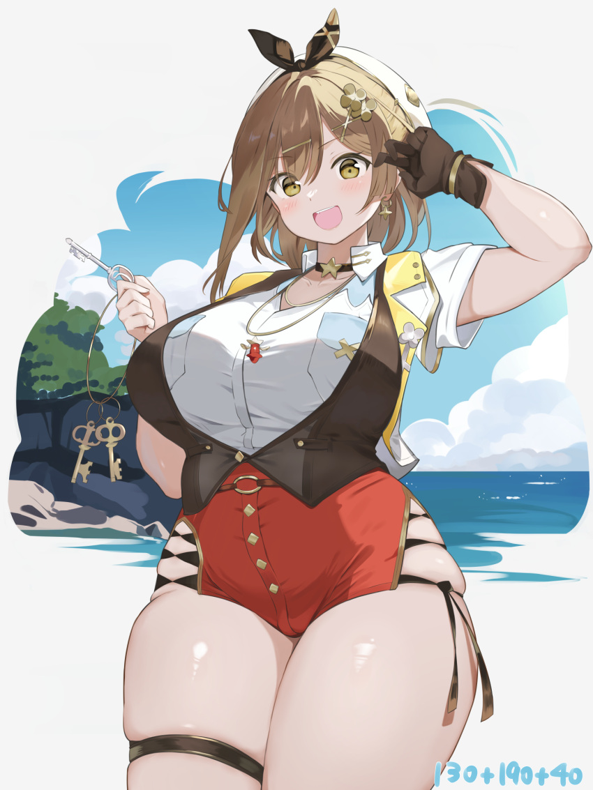 aymusk big_breasts brown_hair busty clothing happy huge_breasts key large_breasts reisalin_stout smile teenager thick_thighs thighs wide_hips