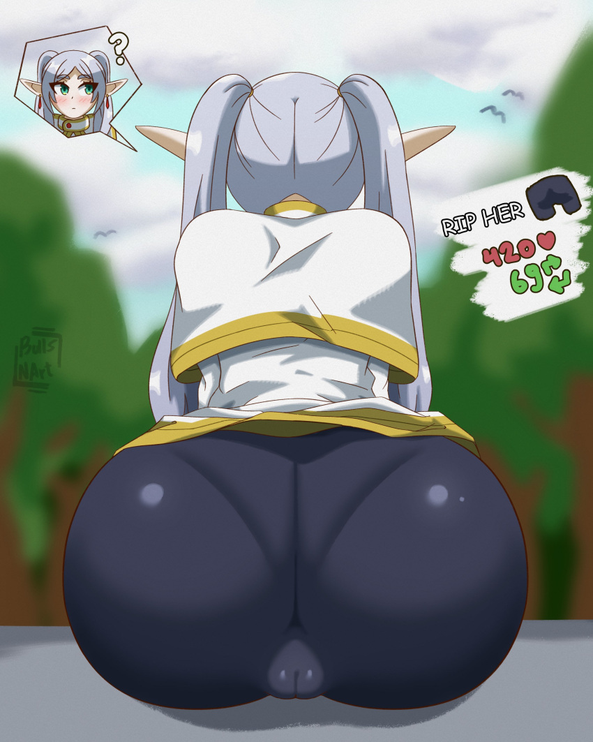 ass ass_focus back_view big_ass bullsnart elf_ears eyes eyes_open female female_only frieren gigantic_ass huge_ass leggings pantylines pussy pussy_visible_through_clothes sousou_no_frieren tagme thick_hips thick_thighs thighs twitter twitter_strip_game_(meme) white_hair