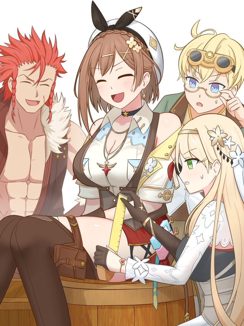 atelier_(series) atelier_ryza big_breasts brown_hair busty cleavage clothing happy huge_breasts klaudia_valentz large_breasts laugh lent_marslink measuring reisalin_stout ruler smile tao_mongarten teenager thick_thighs thighs wide_hips