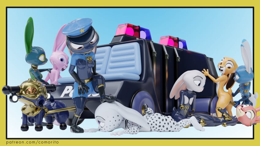 3d_(artwork) absurd_res amputee anal anthro blender_(software) car chastity_cage chastity_device clothing collar comorito digital_media_(artwork) disability disney female group hi_res judy_hopps lagomorph latex leporid mammal metal_chastity_cage metal_collar petplay police_badge police_car police_hat police_officer police_uniform quadruple_amputee rabbit roleplay rubber_clothing rubber_suit uniform vehicle zootopia