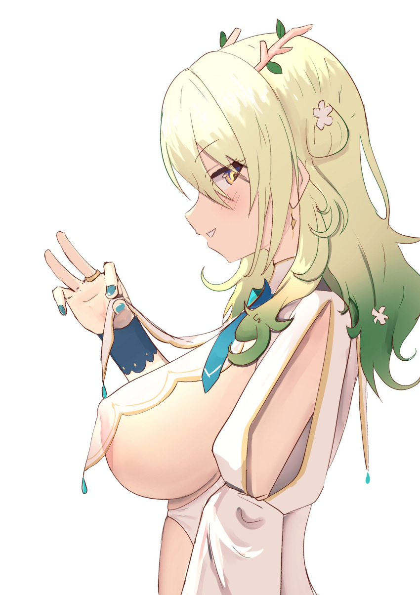 angelchama antlers black_gloves blush braid braided_bangs branch breast_curtains breasts ceres_fauna ceres_fauna_(1st_costume) clothes_lift covered_nipples dress female flower gloves green_hair green_nails hair_flower hair_ornament highres hololive hololive_english hololive_english_-council- hololive_english_-promise- large_breasts long_hair looking_at_viewer mole mole_under_eye multicolored_hair nipple_visible_through_clothing nipples partially_fingerless_gloves qilin_(mythology) see-through sideboob simple_background smile solo virtual_youtuber white_background white_dress yellow_eyes