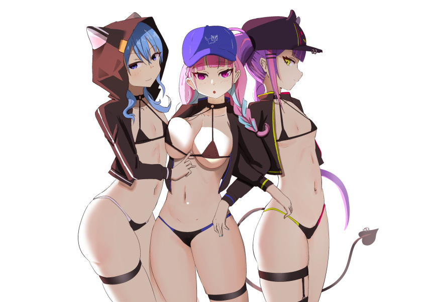 2023 3girls :o angelchama baseball_cap bikini black_bikini blue_eyes blue_hair braid breasts choker closed_mouth cropped_jacket demon_tail female female_only flat_chest green_eyes hat highres holoforce hololive hololive_gen_0 hololive_gen_2 hololive_japan hood hood_up hooded_jacket hoshimachi_suisei jacket large_breasts looking_at_viewer micro_bikini minato_aqua multiple_girls navel navel_piercing open_clothes open_jacket open_mouth piercing pink_hair purple_eyes purple_hair small_breasts smile standing startend_(hololive) stomach swimsuit tail tail_ornament tail_piercing thigh_strap tokoyami_towa twin_braids twintails virtual_youtuber