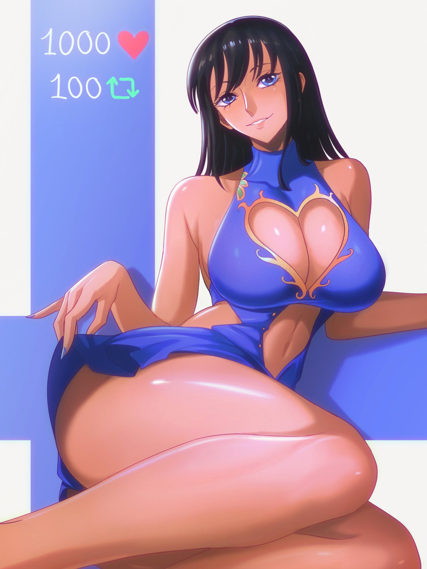 1girls big_breasts black_hair blue_dress blue_eyes breasts cleavage clothing dress female female_only hair huge_breasts like_icon lips nico_robin one_piece opalisart pre-timeskip retweet_icon short_dress smile solo solo_female strip_game thick_thighs thighs