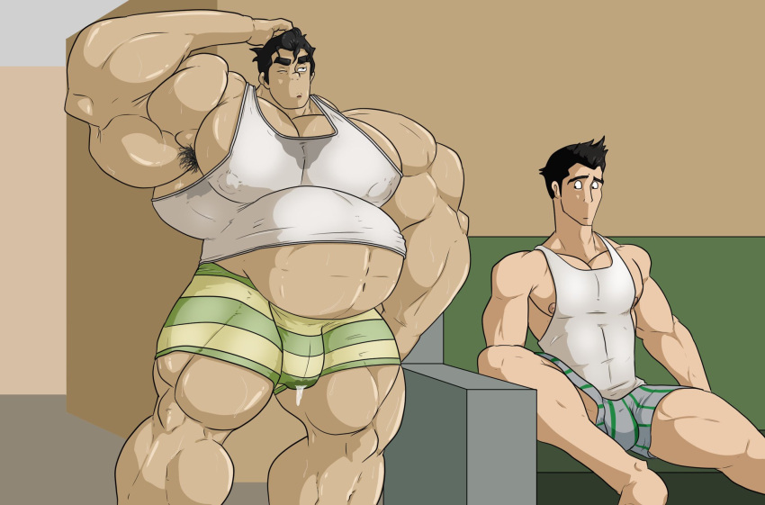 2boys armpit_hair avatar_legends belly big_belly bolin boxers bulge greggrth hyper_muscles hyper_muscular mako male male_only musclegut muscular muscular_male precum precum_through_clothing size_difference the_legend_of_korra