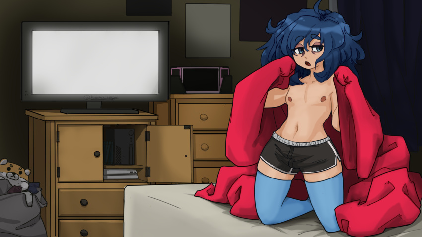 bazzasmr bed bedroom blanket blue_eyes blue_hair eye_bags femboy femboy_only gay male_only on_knees plushie rae_san short_shorts shorts sleepover sleepy thighhighs tired_eyes topless topless_male unveilednsfw