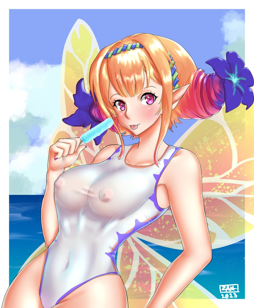 1girls :p alternate_costume armpits bare_arms bare_thighs breasts covered_areola covered_navel covered_nipples eating fairy fairy_wings female female_only fire_emblem fire_emblem_heroes food ice_cream medium_breasts melting melting_popsicle multicolored_hair nail_polish nintendo ocean one-piece_swimsuit orange_hair outdoors peony_(cherished_dream)_(fire_emblem) peony_(fire_emblem) pink_eyes pointy_ears popsicle purple_nails see-through short_hair smile solo swimsuit thighs tongue tongue_out white_one-piece_swimsuit white_swimsuit wings zamtranger