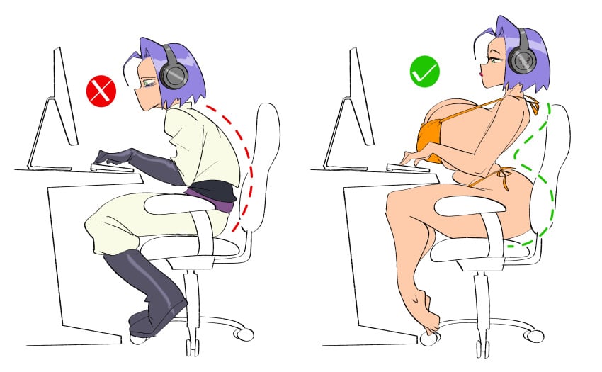 1boy arched_back black_footwear blue_hair boots busty_boy check_mark computer correct_gaming_posture_(meme) fake_breasts feminization from_side gaming huge_breasts hunched_over james_(pokemon) lipstick male male_with_breasts meme office_chair official_alternate_costume pants pokemon sitting slb white_pants white_shirt