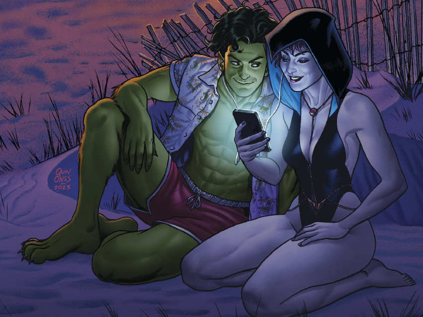 1boy 1girls abs beach beast_boy black_eyes breasts cellphone cleavage couple dc dc_comics female garfield_logan happy headphones muscular_male official_art rachel_roth raven_(dc) sand smile swimsuit swimwear tagme teen_titans thick_thighs western_art western_comics_(style)