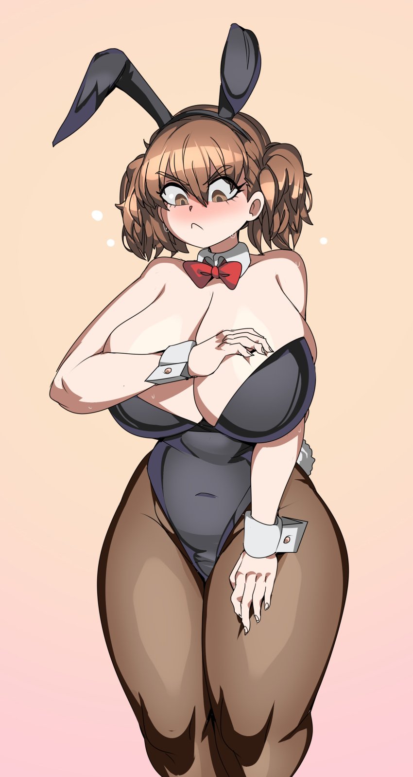 1girls big_breasts blush breasts brown_eyes brown_hair bunny_ears bunny_tail bunnysuit busty captain_kirb cleavage clothed clothing curvy female female_only huge_breasts large_breasts light-skinned_female light_skin looking_at_breasts looking_at_self looking_down medium_hair please_don't_bully_me,_nagatoro shikki_(nagatoro) solo sweat thick_thighs wide_hips