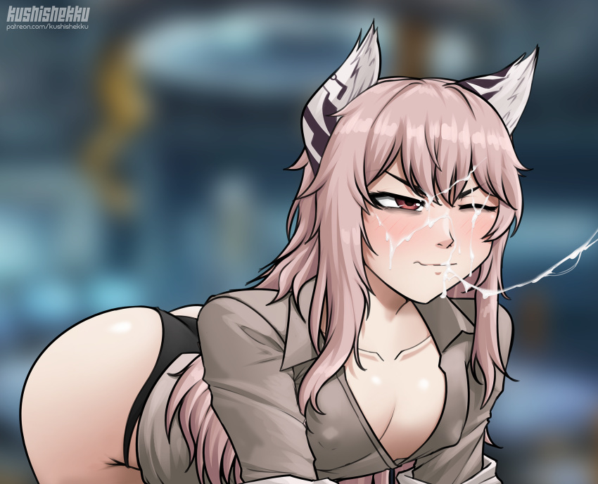 animal_ears artist_name ass bags_under_eyes bent_over black_panties blurry blurry_background blush breasts brown_shirt cat_ears cleavage closed_mouth collarbone commentary cum cum_on_hair cum_on_lips cum_string english_commentary facial female girls'_frontline hair_between_eyes highres kushishekku lab_coat long_hair no_pants one_eye_closed panties partially_unbuttoned patreon_username persica_(girls'_frontline) pink_hair red_eyes shirt small_breasts solo underwear v-shaped_eyebrows variant_set